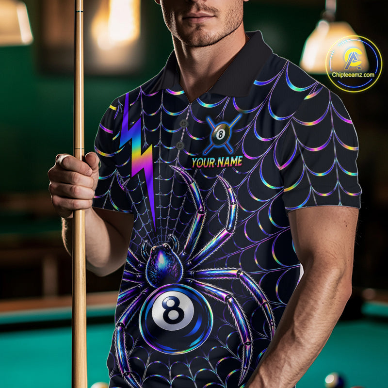 Male model wearing Rainbow Neon Spider pool jersey featuring vibrant spider web graphics, personalized tournament apparel, cue sports performance clothing inspired by fantasy art, gaming and streetwear