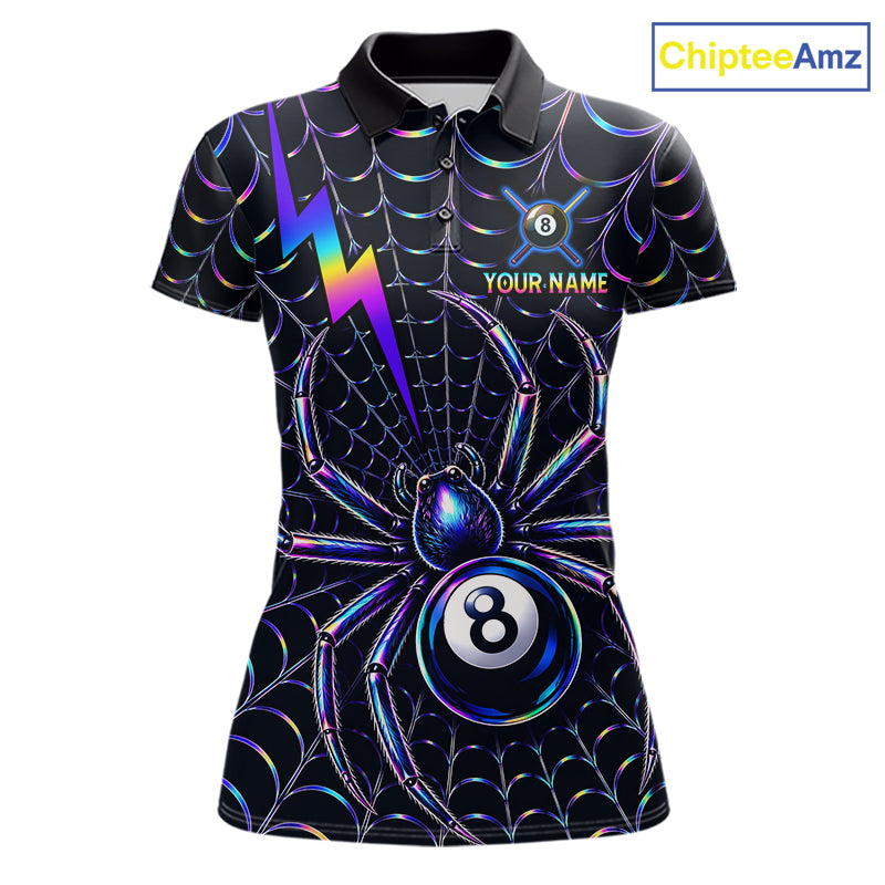 Rainbow Neon Web women's billiard polo featuring colorful spider web artwork, personalized Spider 8 Ball tournament jersey, custom cue sports apparel, APA pool league performance shirt, vibrant athletic billiard uniform