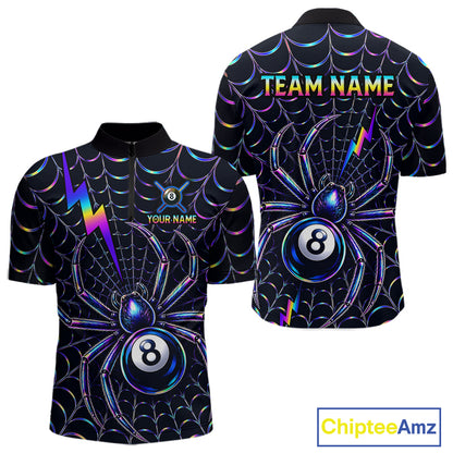 Rainbow Neon Web men's quarter-zip billiard jersey featuring rainbow neon spider web graphics, personalized championship pool tournament apparel, custom cue sports performance shirt