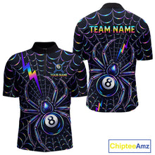Load image into Gallery viewer, Rainbow Neon Web men's quarter-zip billiard jersey featuring rainbow neon spider web graphics, personalized championship pool tournament apparel, custom cue sports performance shirt