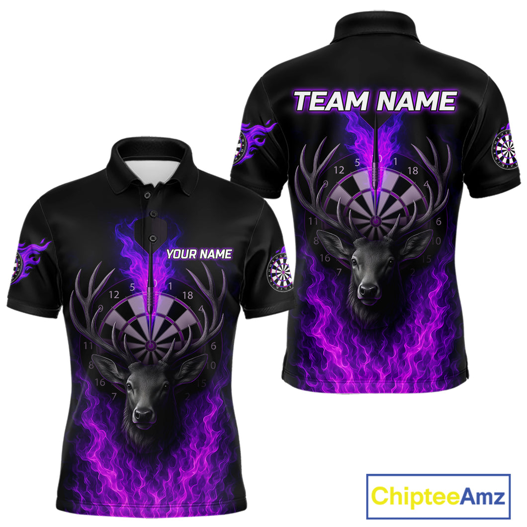 Custom Purple Flames Dartboard Deer Funny Dart Men Polo Shirt Dart Team Jerseys NYN1632