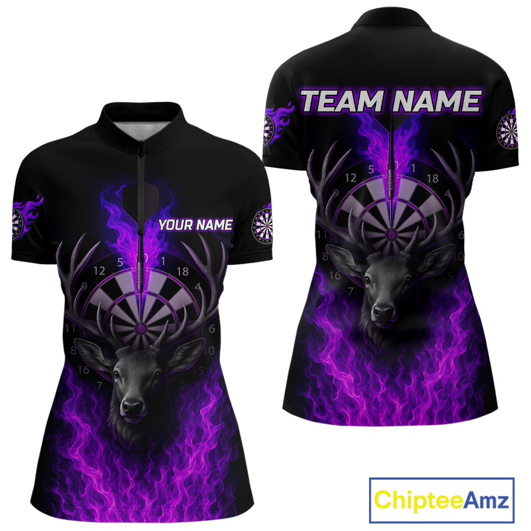 Custom Purple Flames Dartboard Deer Funny Dart Women 1/4-Zip Shirt Dart Team Jerseys NYN1632