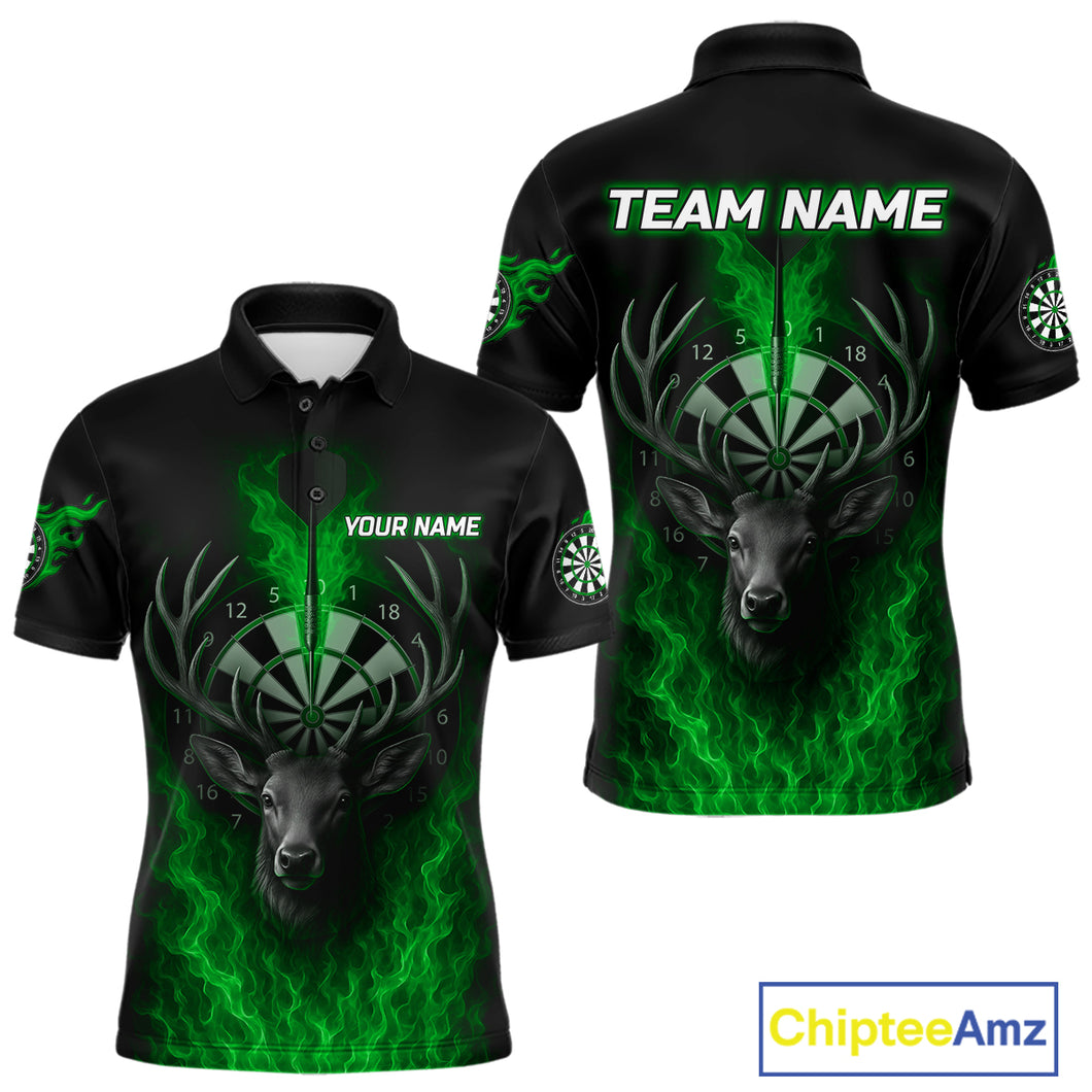 Custom Green Flames Dartboard Deer Funny Dart Men Polo Shirt Dart Team Jerseys NYN1634