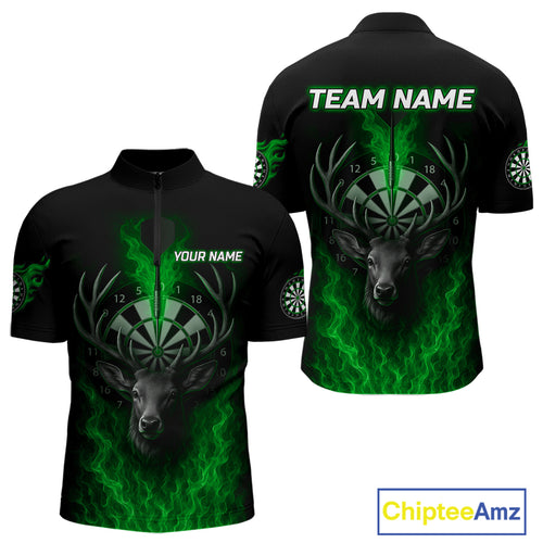 Custom Green Flames Dartboard Deer Funny Dart Men 1/4-Zip Shirt Dart Team Jerseys NYN1634