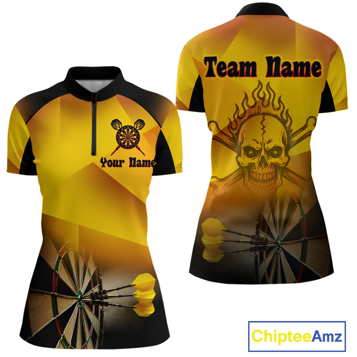 Women's Personalized Dart Shirts With Fire Skull And Yellow Darts Theme NYN0256