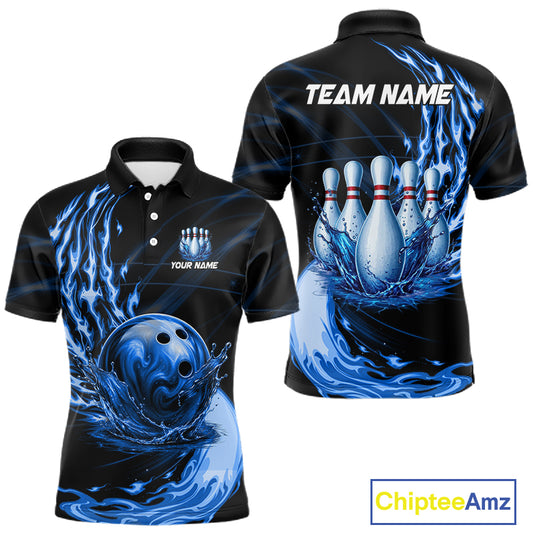 Men's blue water flame bowling ball and pins polo shirt mockup custom bowling team jersey