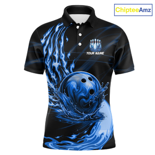 Men's blue water flame bowling ball and pins polo shirt mockup custom bowling team jersey