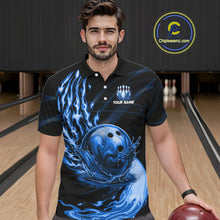 Load image into Gallery viewer, Male model wearing blue water flame bowling ball and pins shirt custom bowling team jersey for league bowlers