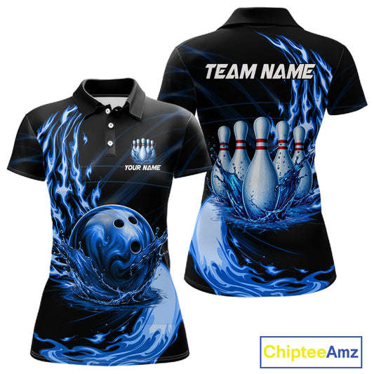 Women's blue water flame bowling ball and pins polo shirt mockup custom bowling team jersey