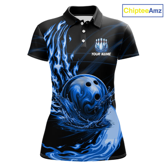 Women's blue water flame bowling ball and pins polo shirt mockup custom bowling team jersey