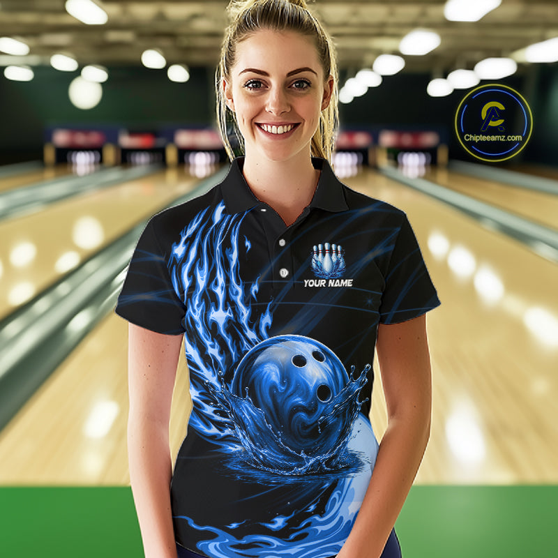 Female model wearing blue water flame bowling ball and pins shirt custom bowling team jersey for league bowlers