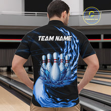 Load image into Gallery viewer, Male model wearing blue water flame bowling ball and pins shirt custom bowling team jersey for league bowlers