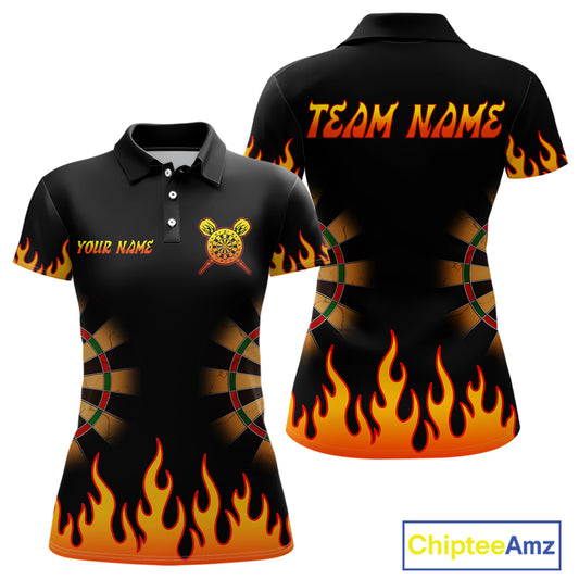 Women's Personalized Darts Shirt With Black Flame Pattern And Fiery Dartboard NYN0265