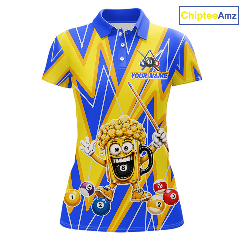 Yellow And Blue Funny Beer Billiard Shirt For Women Custom 8 Ball Pool Polo & 1/4 Zip Jersey NYN3781