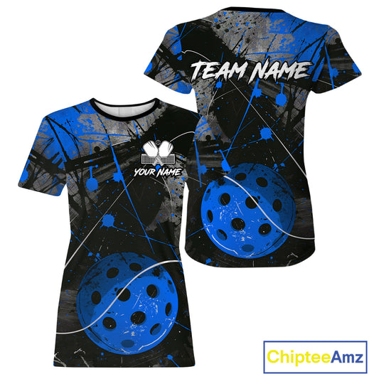 Custom Black Grunge Blue Pickleball Ball T-Shirt For Women Splatter Pickleball Jerseys NYN2482
