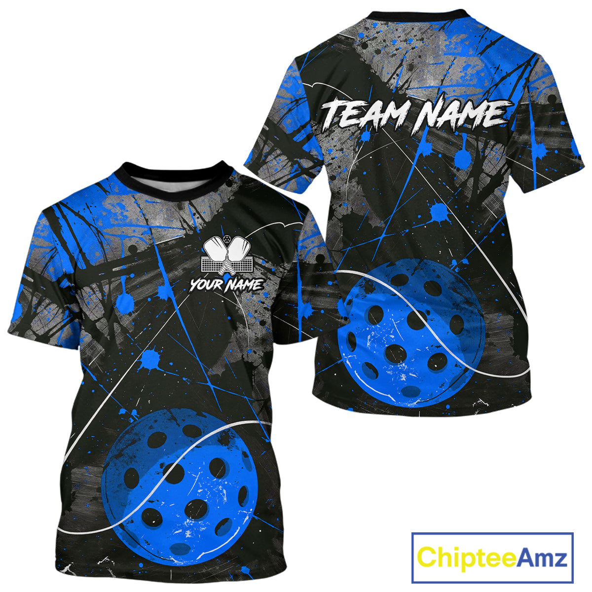 Custom Black Grunge Blue Pickleball Ball T-Shirt For Men Splatter Pickleball Jerseys NYN2482