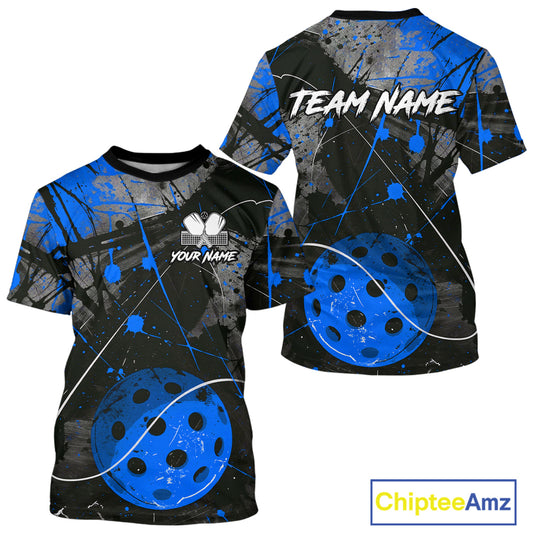 Custom Black Grunge Blue Pickleball Ball T-Shirt For Men Splatter Pickleball Jerseys NYN2482