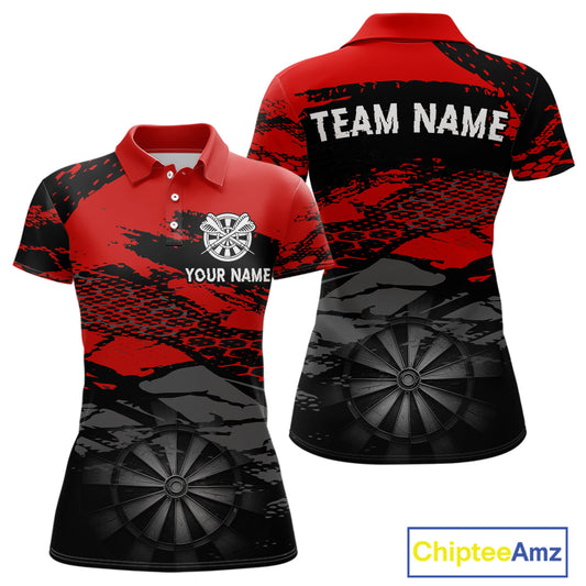 Personalized Dart Shirt For Women Red Grunge Texture & Black Dartboard, Darts Jersey NYN0280