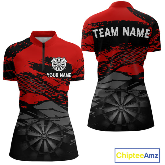 Personalized Dart Shirt For Women Red Grunge Texture & Black Dartboard, Darts Jersey NYN0280