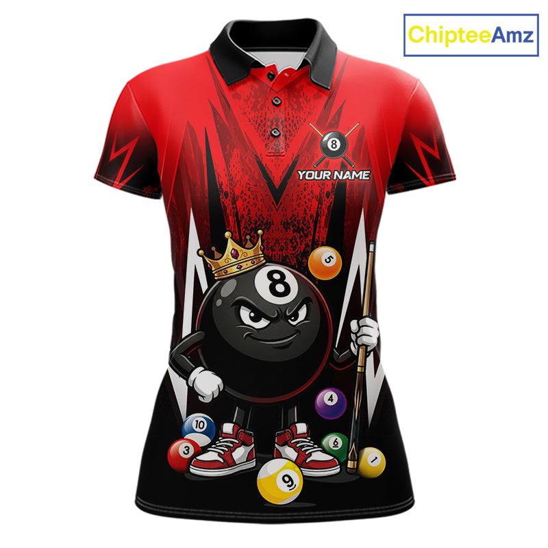 Black & Red Funny Crown 8 Ball Billiard Shirt For Women Custom 8 Ball Pool Polo & 1/4 Zip Jersey NYN3787