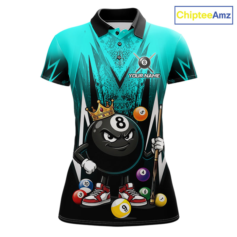 Black & Turquoise Funny Crown 8 Ball Billiard Shirt For Women Custom 8 Ball Pool Polo & 1/4 Zip Jersey NYN3789