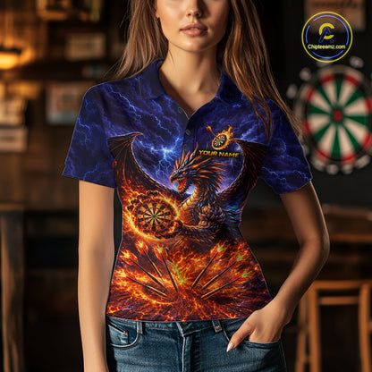 Blue And Red Flame Dragon Darts Polo Quarter-Zip Shirts For Women Custom Dragon Darts Team Jersey NYN4082