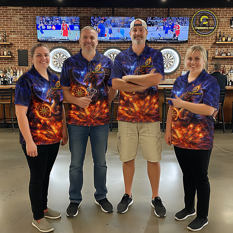 Blue And Red Flame Dragon Darts Polo Quarter-Zip Shirts For Women Custom Dragon Darts Team Jersey NYN4082