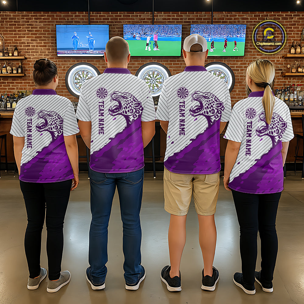 Personalized White And Purple Striped Leopard Darts Polo Shirts For Men Dart Team Jerseys NYN2199