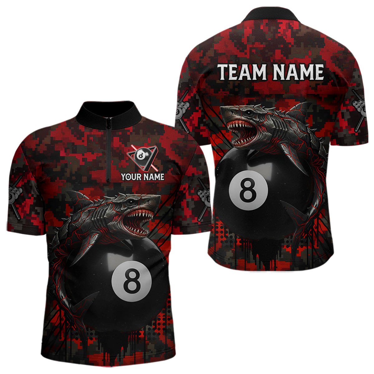Horror Shark Play Pool 8 Ball Men's Billiard Team Shirt Custom Red Camouflage Billiard Attire NYN2499