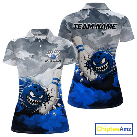 White Blue Funny Cracked Pins & Ball Bowling Shirt For Women Custom Outfit Team Bowling Jersey NYN3234