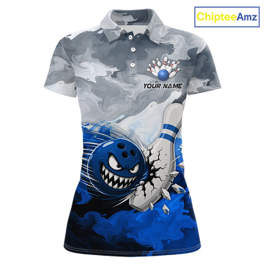 White Blue Funny Cracked Pins & Ball Bowling Shirt For Women Custom Outfit Team Bowling Jersey NYN3234