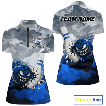 White Blue Funny Cracked Pins & Ball Bowling Shirt For Women Custom Outfit Team Bowling Jersey NYN3234