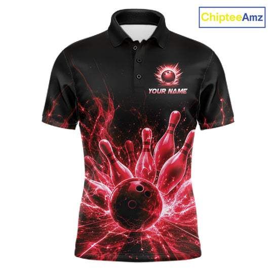 Red Flames Bowling Ball and Pins men's bowling polo shirt custom bowling team jersey, lightning bowling uniform