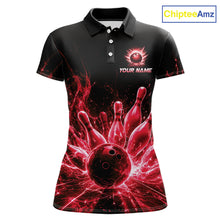 Load image into Gallery viewer, Red Flames Bowling Ball and Pins women's bowling polo shirt custom bowling team jersey, lightning bowling uniform
