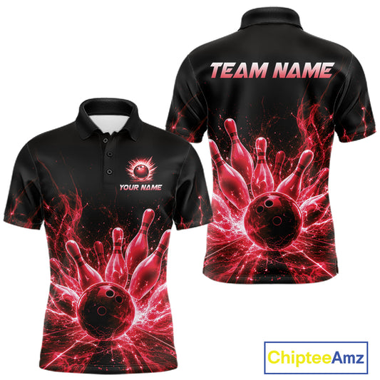 Red Flames Bowling Ball and Pins men's bowling polo shirt custom bowling team jersey, lightning bowling uniform