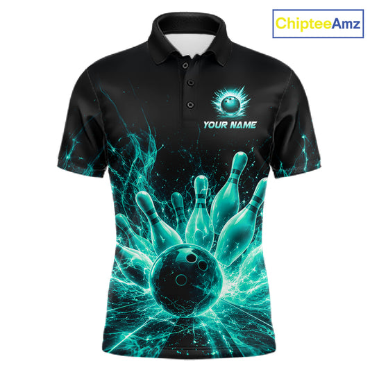 Teal Flames Bowling Ball and Pins men's bowling polo shirt custom thunder bowling team uniform