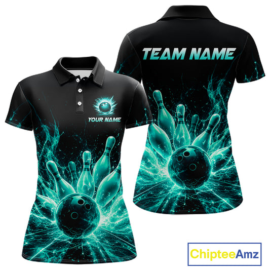 Teal Flames Bowling Ball and Pins women's bowling polo shirt custom thunder bowling team uniform