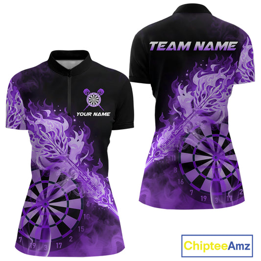 Custom Smoke Purple Fire Flaming Dart Arrow Women Darts Quarter-Zip League Shirts Dart Team Jerseys NYN2214