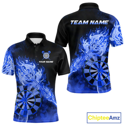 Custom Smoke Blue Fire Flaming Dart Arrow Men Darts Polo League Shirts Dart Team Jerseys NYN2215