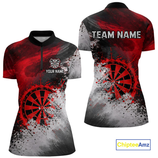 Custom Grey & Red Grunge Paint Dartboard Darts Quarter-Zip Shirt For Women Outfit Dart Team Jerseys NYN2509