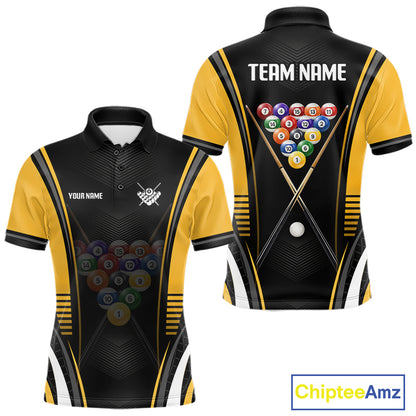Black & Yellow Billiard Polo featuring personalized player name, custom pool team jersey, breathable tournament apparel, competitive cue sports clothing.