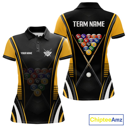 Black & Yellow Billiard Polo featuring personalized billiard team name, custom tournament jersey, moisture-wicking performance polo, cue sports apparel, championship clothing, athletic sportswear.