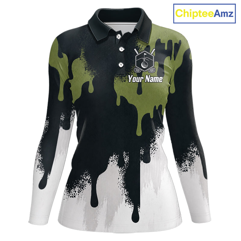 White, Green And Gray Dripping Golf Polo Shirts For Women Personalized Team Name Golf Clothes NYN3251
