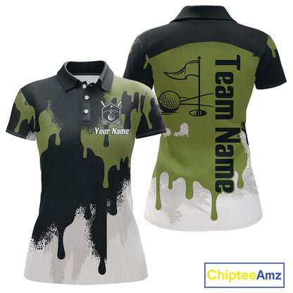 White, Green And Gray Dripping Golf Polo Shirts For Women Personalized Team Name Golf Clothes NYN3251