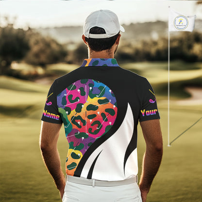 Men's model wearing Colorful Rainbow Leopard Golf Polo Shirt, personalized golf apparel, modern golf fashion, golf league uniform, performance polo, custom golf team shirt, animal print sportswear, golf enthusiast gift.