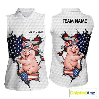 Personalized Funny Pig Sleeveless Patriot Golf Polo Shirt mockup featuring pig mascot and US flag, patriotic golf apparel, custom golf polo, Father's Day golf gift, farm animal golf clothing, performance sportswear.