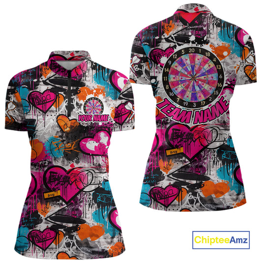 Colorful Heart Graffiti Dartboard Women Darts Quarter-Zip Shirt Custom Couple Dart Valentine Jerseys NYN2528