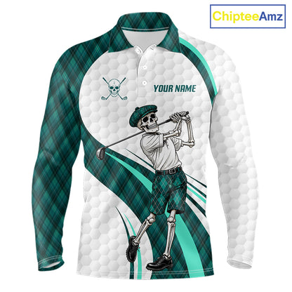 Custom Skeleton Golfer Golf Polo Shirts For Men Teal Argyle Pattern Golf Team Clothing NYN3265
