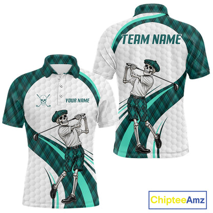 Custom Skeleton Golfer Golf Polo Shirts For Men Teal Argyle Pattern Golf Team Clothing NYN3265