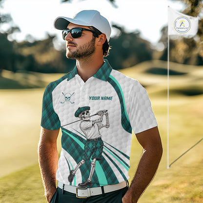 Custom Skeleton Golfer Golf Polo Shirts For Men Teal Argyle Pattern Golf Team Clothing NYN3265